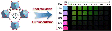 Graphical abstract: Europium ions modulated room temperature phosphorescence in dye-encapsulated MOFs for dual-modal fluorescence-afterglow