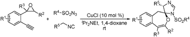 Graphical abstract: A copper(i)-catalyzed reaction of 2-(2-ethynylphenyl)oxirane, sulfonyl azide, with 2-isocyanoacetate