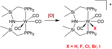 Graphical abstract: Synthesis and oxidation of d6 tungsten pincer complexes: a complete series of tungsten(ii) hydridocarbonyl and halocarbonyl pincer complexes