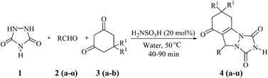 Graphical abstract: Sulfamic acid: an efficient, cost-effective and recyclable catalyst for the synthesis of triazole[1,2-a]indazole-trione derivatives