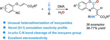 Graphical abstract: A formal (5+1) annulation reaction from heterodimerization of two different isocyanides: stereoselective synthesis of 2H-benzo[b][1,4]oxazin-2-one
