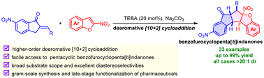 Graphical abstract: Higher-order dearomative [10 + 2] cycloaddition of 2-nitrobenzofurans and 2-alkylidene-1-indanones to access pentacyclic scaffolds