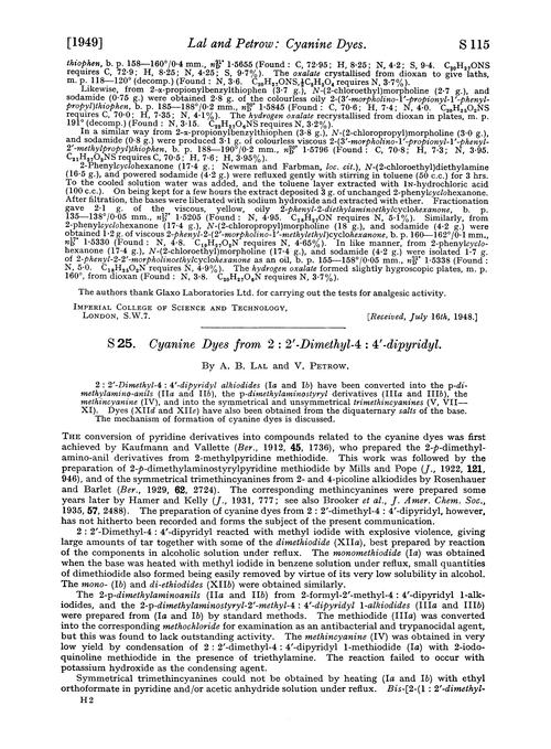 S 25. Cyanine dyes from 2 : 2′-dimethyl-4 : 4′-dipyridyl
