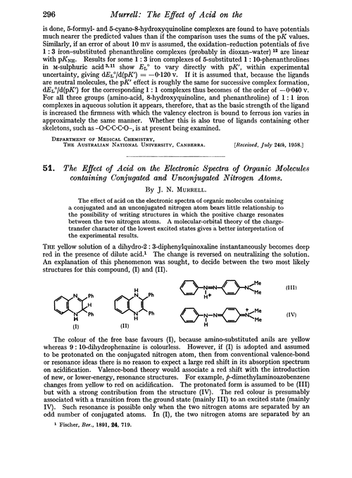 51. The effect of acid on the electronic spectra of organic molecules containing conjugated and unconjugated nitrogen atoms