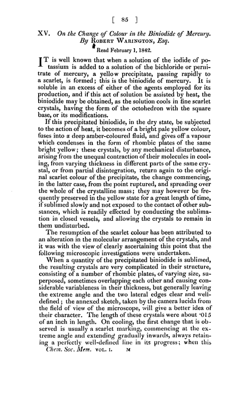 XV. On the change of colour in the biniodide of mercury