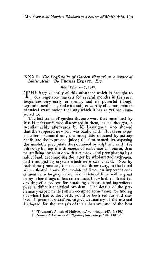 XXXII. The leaf-stalks of garden Rhubarb as a source of malic acid