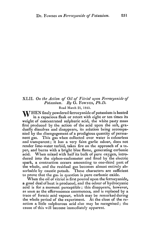 XLII. On the action of oil of vitriol upon ferrocyanide of potassium