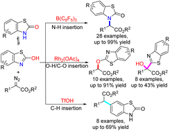 Graphical abstract: Catalyst-dependent chemoselective insertion of diazoalkanes into the N–H/C–H/O–H/C–O bonds of 2-hydroxybenzothiazoles