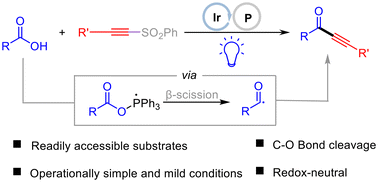 Graphical abstract: Photoredox catalytic phosphine-mediated deoxygenative alkynylation of carboxylic acids with alkynyl sulfones for alkynone synthesis