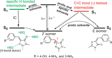 Graphical abstract: Photoisomerization of the green fluorescence protein chromophore and the meta- and para-amino analogues