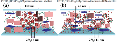 Graphical abstract: Complementary solvent additives tune the orientation of polymer lamellae, reduce the sizes of aggregated fullerene domains, and enhance the performance of bulk heterojunction solar cells