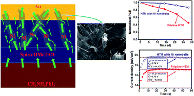 Graphical abstract: Ni nanobelts induced enhancement of hole transport and collection for high efficiency and ambient stable mesoscopic perovskite solar cells