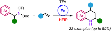 Graphical abstract: A povarov-type reaction to access tetrahydroquinolines from N-benzylhydroxylamines and alkenes in HFIP