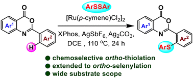 Graphical abstract: Disulfide-mediated ruthenium-catalyzed direct C–H thiolation in benzoxazinone systems: selective synthesis of ortho-thiolated 2-arylbenzoxazinones