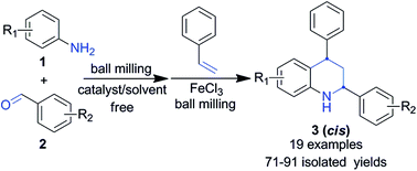 Graphical abstract: Mechanochemical milling promoted solvent-free imino Diels–Alder reaction catalyzed by FeCl3: diastereoselective synthesis of cis-2,4-diphenyl-1,2,3,4-tetrahydroquinolines
