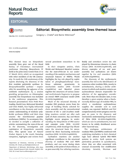 Editorial: Biosynthetic assembly lines themed issue