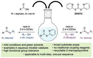 Graphical abstract: Use of dipyridyldithiocarbonate (DPDTC) as an environmentally responsible reagent leading to esters and thioesters under green chemistry conditions