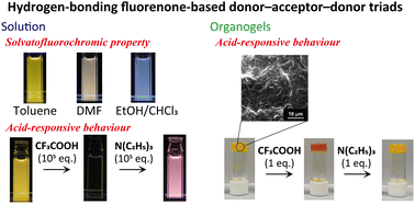 Graphical abstract: Multi-stimuli-responsive behaviours of fluorenone-based donor–acceptor–donor triads in solution and supramolecular gel states