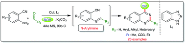 Graphical abstract: Cu–benzotriazole-catalyzed electrophilic cyclization of N-arylimines: a methodical tandem approach to O-protected-4hydroxyquinazolines-