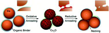 Graphical abstract: Low-temperature nanoredox two-step sintering of gelatin nanoskin-stabilized submicrometer-sized copper fine particles for preparing highly conductive layers