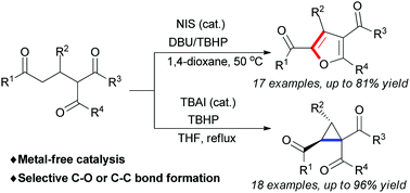 Graphical abstract: Hypoiodite-catalysed oxidative cyclisation of Michael adducts of chalcones with 1,3-dicarbonyl compounds: a facile and versatile approach to substituted furans and cyclopropanes