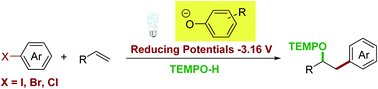Graphical abstract: Intermolecular oxyarylation of olefins with aryl halides and TEMPOH catalyzed by the phenolate anion under visible light