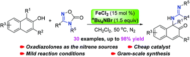 Graphical abstract: Synthesis of amidines via iron-catalyzed dearomative amination of β-naphthols with oxadiazolones