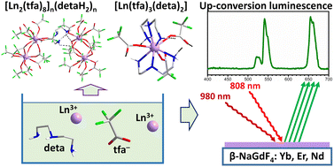 Graphical abstract: The first example of polymeric lanthanide tetrakis-trifluoroacetates in chemical solution deposition of up-converting NaGdF4:Yb,Er,Nd thin films