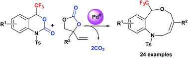 Graphical abstract: Access to benzo-fused nine-membered heterocyclic alkenes with a trifluoromethyl carbinol moiety via a double decarboxylative formal ring-expansion process under palladium catalysis