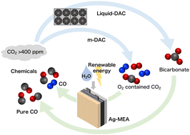 Graphical abstract: A membrane electrode assembly-type cell designed for selective CO production from bicarbonate electrolyte and air containing CO2 mixed gas