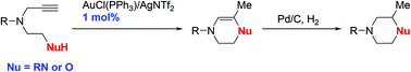 Graphical abstract: Synthesis of morpholine or piperazine derivatives through gold-catalyzed cyclization reactions of alkynylamines or alkynylalcohols