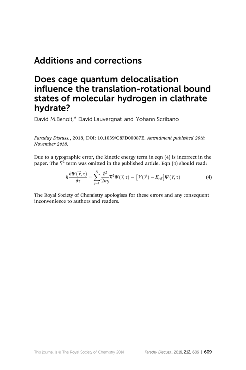 Correction: Does cage quantum delocalisation influence the translation–rotational bound states of molecular hydrogen in clathrate hydrate?
