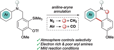 Graphical abstract: Selective access to dihydrophenanthridines and phenanthridinones via cyclisation of aryl amines onto N-tethered arynes