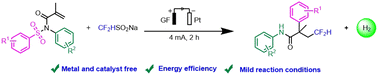 Graphical abstract: Electrochemical synthesis of β-difluoromethylamide compounds by N-benzenesulfonylacrylamide with difluorine reagents