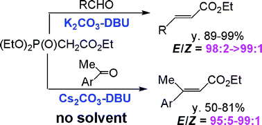 Highly E-selective solvent-free Horner–Wadsworth–Emmons reaction catalyzed  by DBU - Green Chemistry (RSC Publishing)