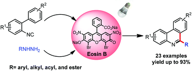 Synthesis Of 6 Substituted Phenanthridines By Metal Free Visible Light Induced Aerobic Oxidative Cyclization Of 2 Isocyanobiphenyls With Hydrazines Green Chemistry Rsc Publishing