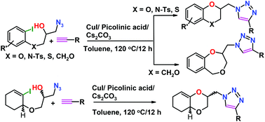 Dual Catalysis By Cu I Facile Single Step Click And Intramolecular C O Bond Formation Leading To Triazole Tethered Dihydrobenzodioxines Benzoxazines Benzoxathiines Benzodioxepines Organic Biomolecular Chemistry Rsc Publishing