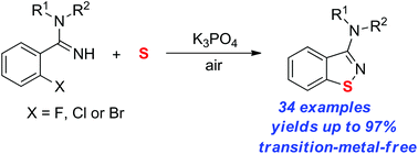 Efficient Synthesis Of 1 2 Benzisothiazoles From O Haloarylamidines And Elemental Sulfur Via N S C S Bond Formation Under Transition Metal Free Conditions Green Chemistry Rsc Publishing