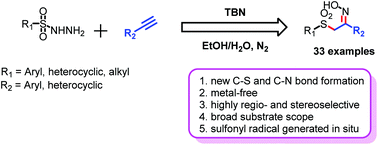 Tbn Mediated Regio And Stereoselective Sulfonylation Oximation Oximosulfonylation Of Alkynes With Sulfonyl Hydrazines In Etoh H2o Green Chemistry Rsc Publishing