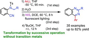 Preparation Of 4 Arylquinazolines With O N Alkyl N P Tosyl Aminobenzonitriles Aryllithiums And Nis Organic Biomolecular Chemistry Rsc Publishing