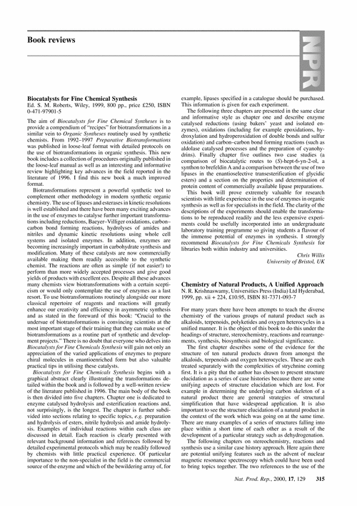 Book Reviews Biocatalysts for Fine Chemical Synthesis Chemistry of Natural Products, A Unified Approach