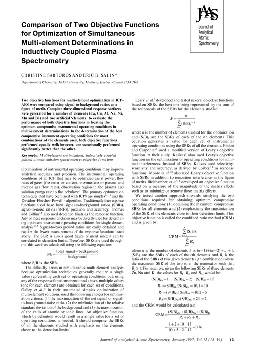 Comparison of Two Objective Functions for Optimization of Simultaneous Multi-element Determinations in Inductively Coupled Plasma Spectrometry