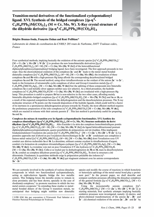 Transition Metal Derivatives Of The Functionalized Cyclopentadienyl Ligand Xvi Synthesis Of The Bridged Complexes µ H5 C5h4pph2 M Co 2 2 M Cr Mo W X Ray Crystal Structure Of The Dihydride Derivative µ H5 C5h4pph2 W Co 2h 2 New Journal Of