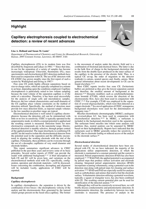 Highlight. Capillary electrophoresis coupled to electrochemical detection: a review of recent advances