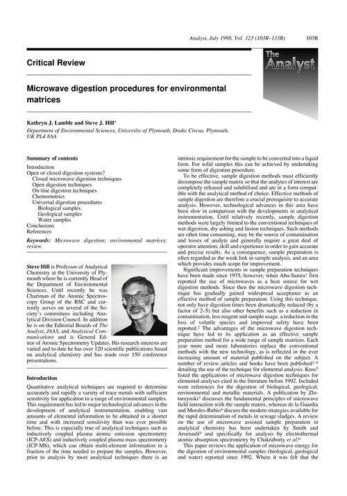 Microwave digestion procedures for environmental matrices . Critical Review