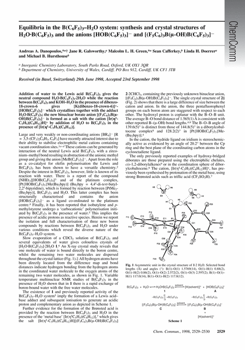 Equilibria In The B C6f5 3 H2o System Synthesis And Crystal Structures Of H2o B C6f5 3 And The Anions Hob C6f5 3 And F5c6 3b µ Oh B C6f5 3 Chemical Communications Rsc Publishing