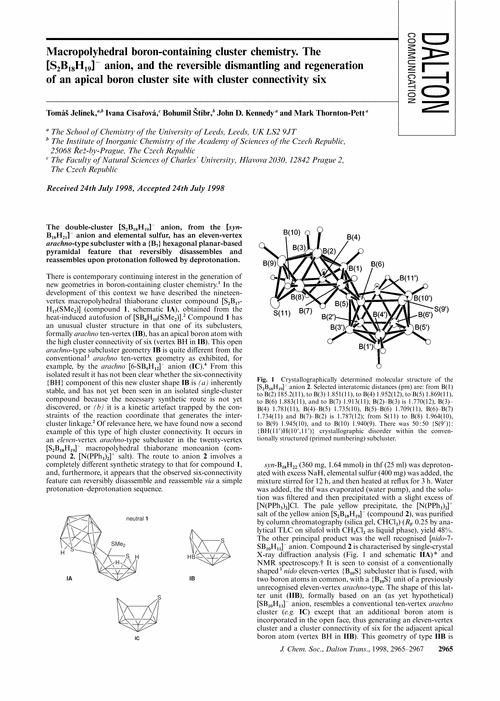 Macropolyhedral boron-containing cluster chemistry. The [S2B18H19]– anion, and the reversible dismantling and regeneration of an apical boron cluster site with cluster connectivity six