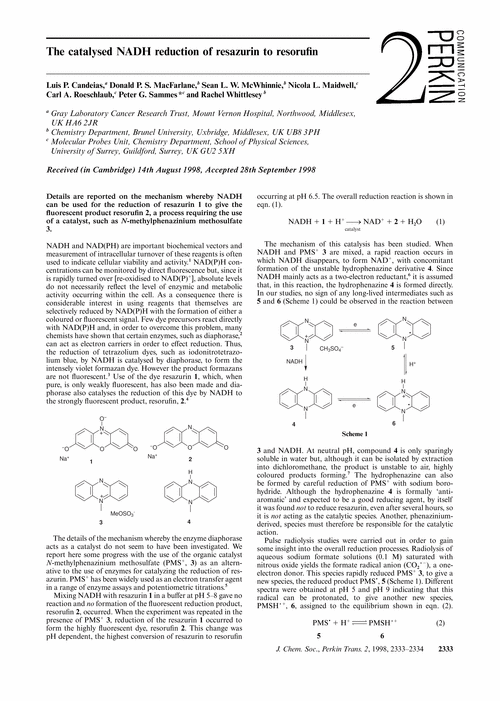 The catalysed NADH reduction of resazurin to resorufin