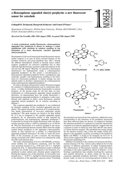 o-Benzoquinone appended zinc(II) porphyrin: a new fluorescent sensor for catechols