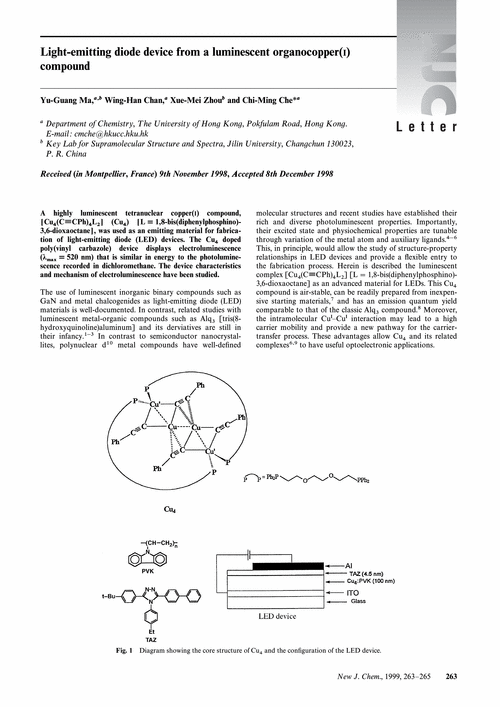 Light-emitting diode device from a luminescent organocopper(I) compound